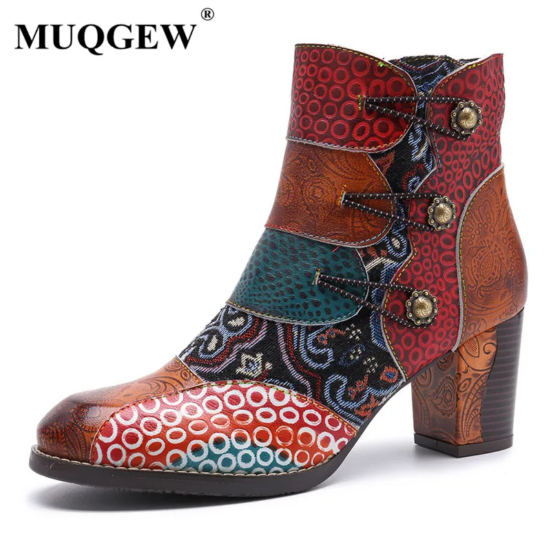 

Bohemian Style Booties Women Genuine Leather Print High heels Female Patchwork Zipper Ankle Boots Women Spring Autumn Botas
