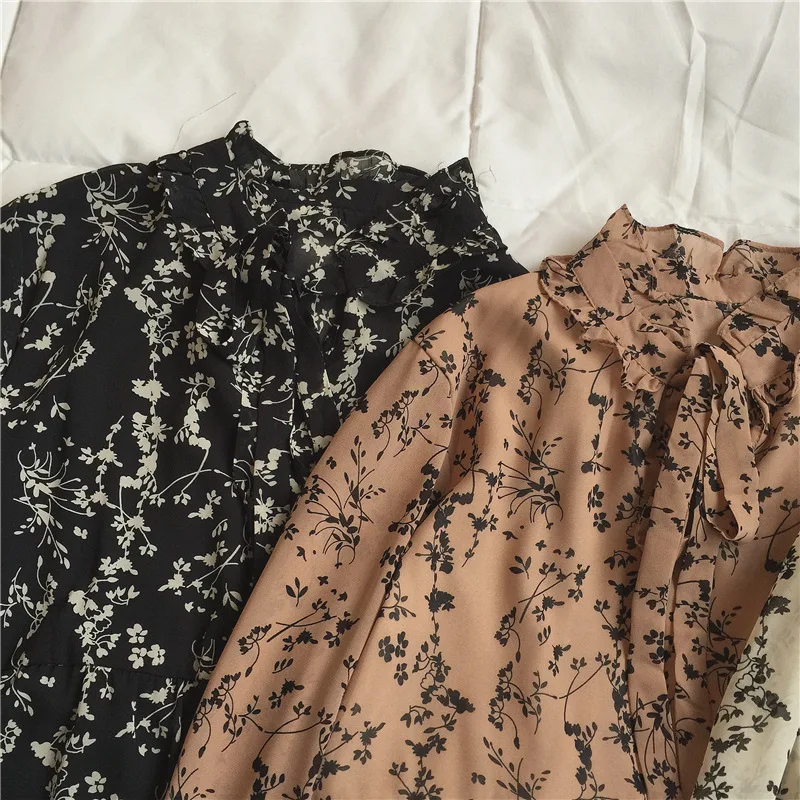 Винтажное шифоновое базовое платье с цветочным принтом для женщин, осень, корейский стиль, свободная приталенная трапециевидная юбка средней длины