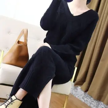 

Elegant Solid Sweater Skirt 2 Piece Set Women Loose Long Sleeve Knitted Pullovers Skirt Suits V-Neck Ladies Winter Set