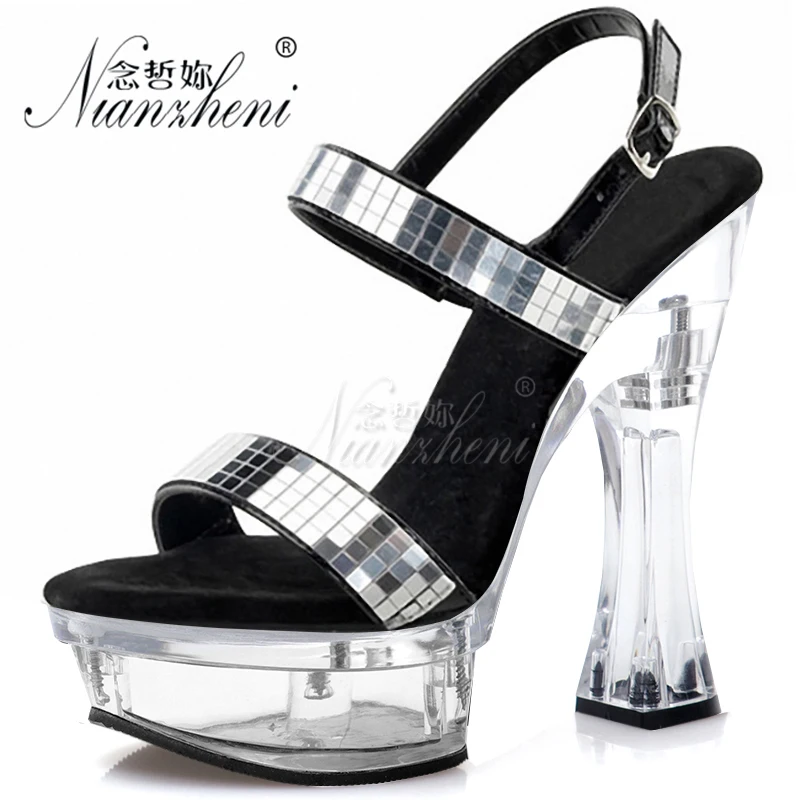 

Pole Dance Shoes Sexy 14cm Super High Stripper Heeled Hollow Shallow Bling Coarse Heel Women's Platform Sandals 6Inch Nightclub