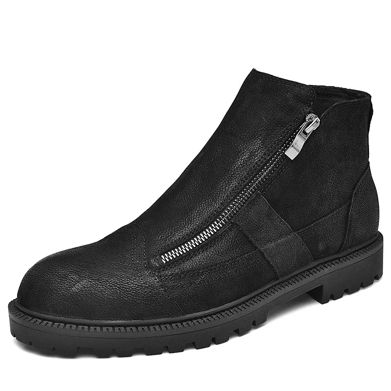 

Youki Mens Boots Zipper Spring Autumn Designer Fashion Leather Boot Male Casual Shoes Genuine Leather Motorcycle Boot Fur warm