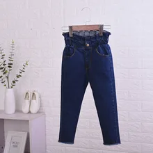 Модные детские джинсы с завышенной талией г. Осенние повседневные узкие брюки для девочек Корейский стиль для маленьких девочек