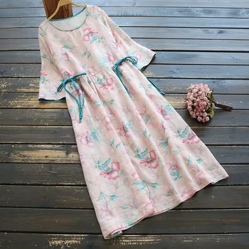 

New summer women vintage ramie floral print dress thin three quarter O neck loose dress