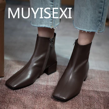 

Square toe boots ankle classic leisure 4.5cm thick bottom heels cow leather winter daily wear keep warm zip women ANJ04 MUYISEXI