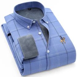 Masculino plus veludo acolchoado camisa, algodão xadrez quente manga longa camisa, peito bordado topo M 4XL botão único masculino