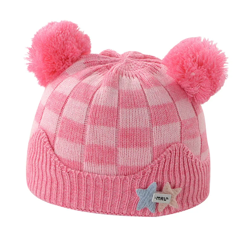 Square Patchwork Baby Girls Boys Skull Hat Knitted Newborn Warm Tire Cap with Cotton Lining Winter Warm PomPom Hat Protect Head