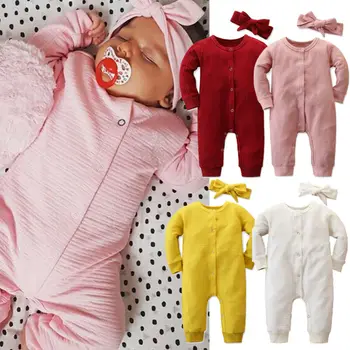 

Infant Baby Girl Long Sleeve Blank Romper Soild Casual Cotton Jumpsuit + Headband Autumn Fall Clothes Outfits