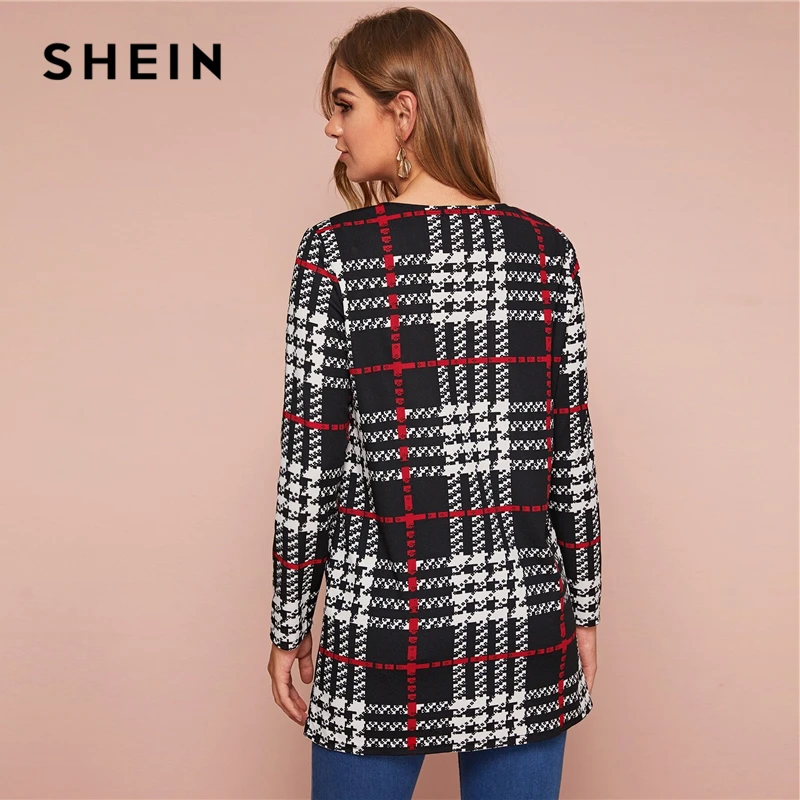 Promo  SHEIN Black and White Plaid Print Open Front Coat Women Spring Autumn Long Sleeve O-neck Outwear Ca