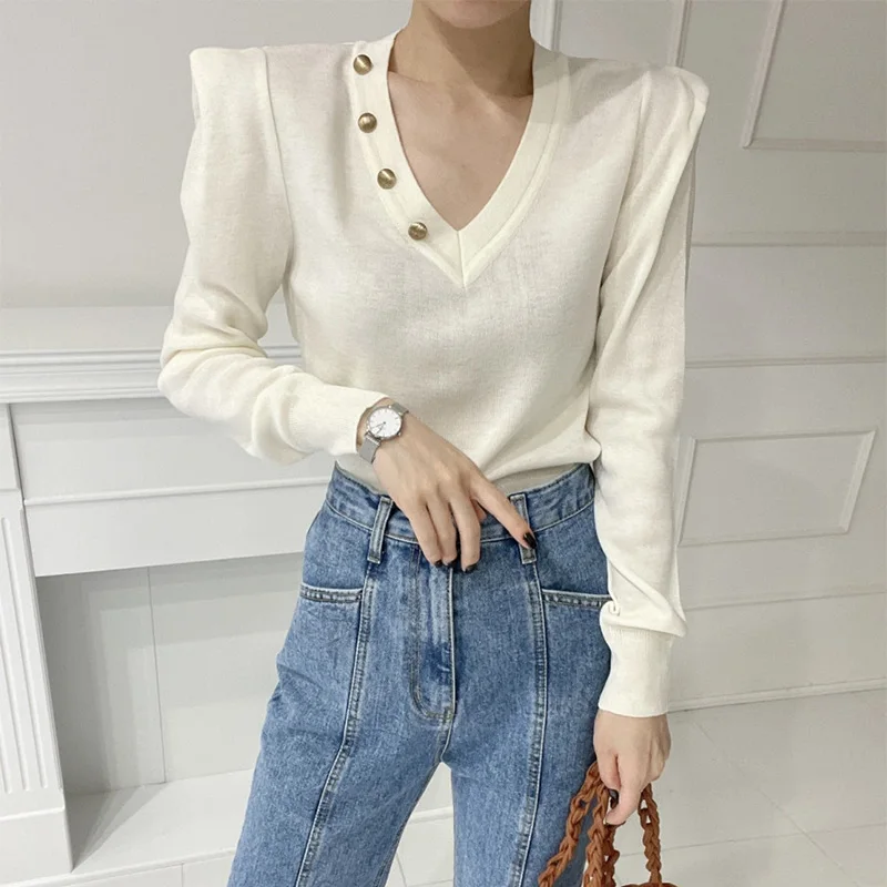 

Croysier Autumn Winter Clothes Women Jumper V Neck Long Sleeve Pullover Sweater Office Elegant Button Knitted Sweaters Pullovers