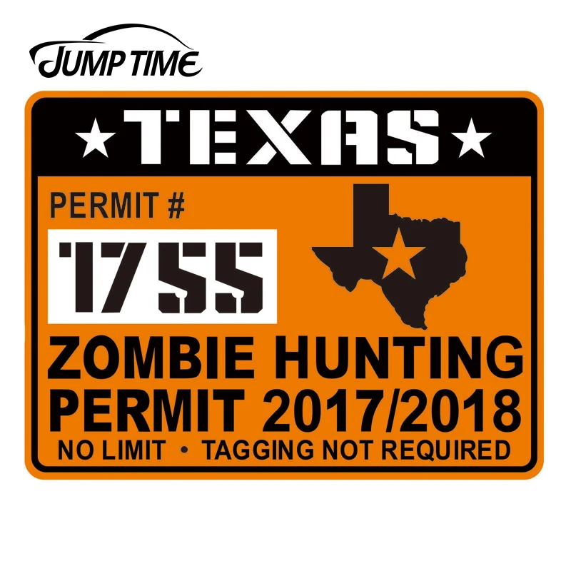 

JumpTime 13cm X 9.71cm Texas ZOMBIE Hunting Permit Hard Hat Creative Car Stickers JDM Decal Car Door Decor Sticker