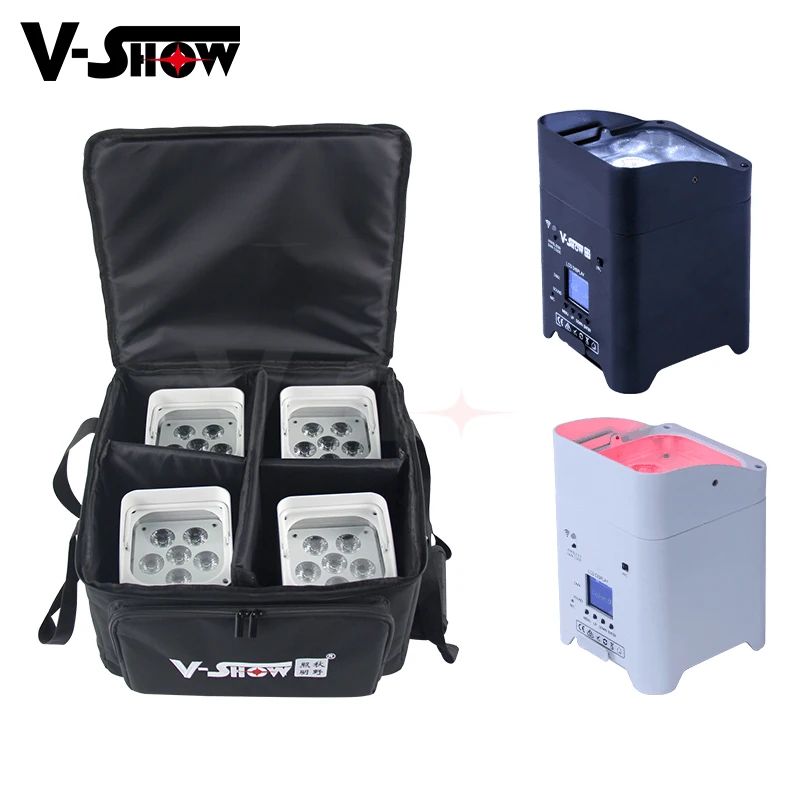 V-show 4pcs With Bag Battery Wireless DMX Wifi Remote Led Wedding Uplight 6x18w RGBWAUV 6in1 LED Par DJ Sound Party lights