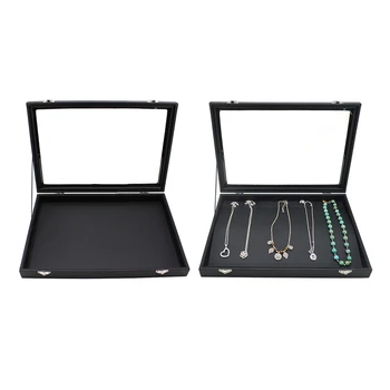 

2pcs PU Black Carrying Case with Glass Cover Jewelry Ring Display Box Tray Holder Storage Box - Empty Box & Neck Box