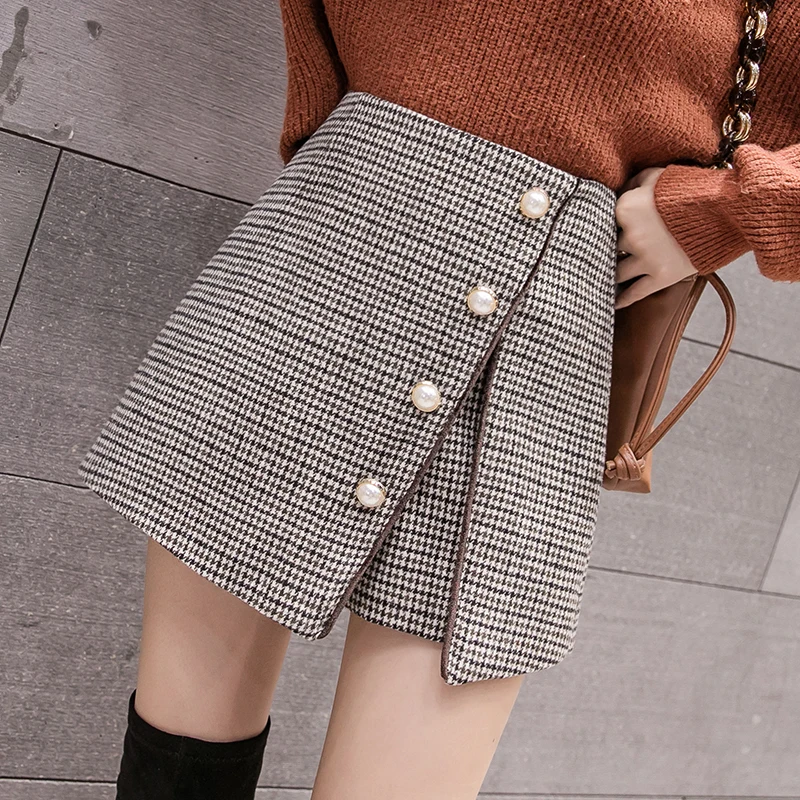 Новые женские шорты с высокой талией юбки корейские модные нестандартные однобортные шерстяные шорты Осенние Зимние Повседневные шерстяные брюки - Цвет: Хаки