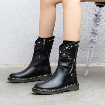 

2020 Fashion Brand Autumn Winter Women Ankle Boots Med Heels Ladies Shoes Woman Dancing Pumps Basic Leather Motorcycle Boots 42