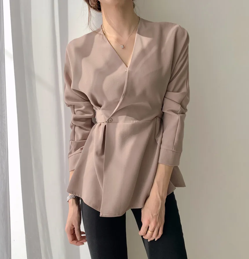 

HziriP Vintage Long Sleeve V-neck Black Shirt Women 2020 New Office Lady Work Wear Blouses Female Loose Shirts Tops Blusas Mujer