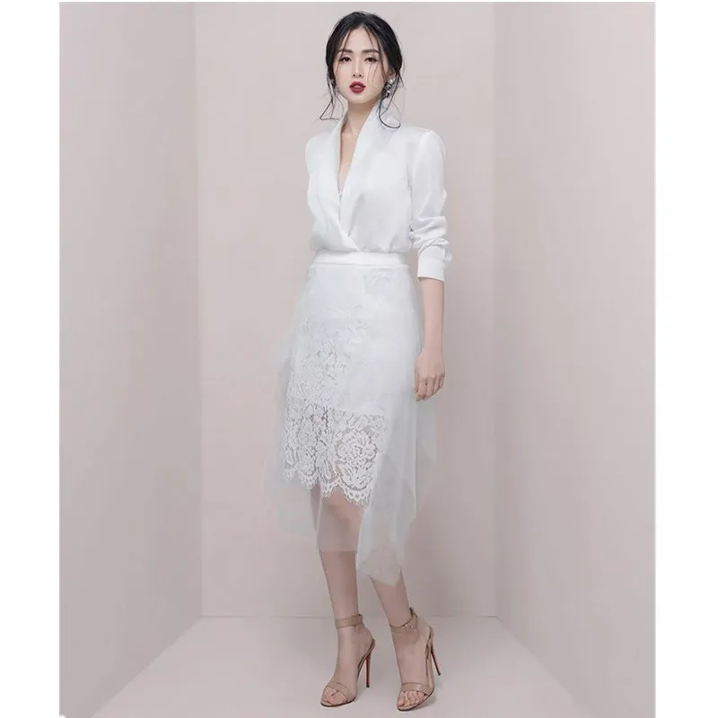 Women Black Blazer and Skirt Set Suit White Blouse and Lace Midi Skirt