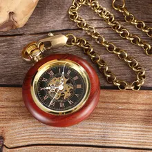 Round Wooden Mechanical Pocket Watch Luxury Red Black Wooden Watch Hand Winding Skeleton Fob Watches Men Women Clock Gifts Reloj