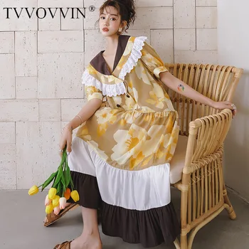 

TVVOVVIN 2020 Summer New Korean Fashion Print Stitching Lace Vintage Palace Style Loose Dress Short Sleeve Casual Female B120