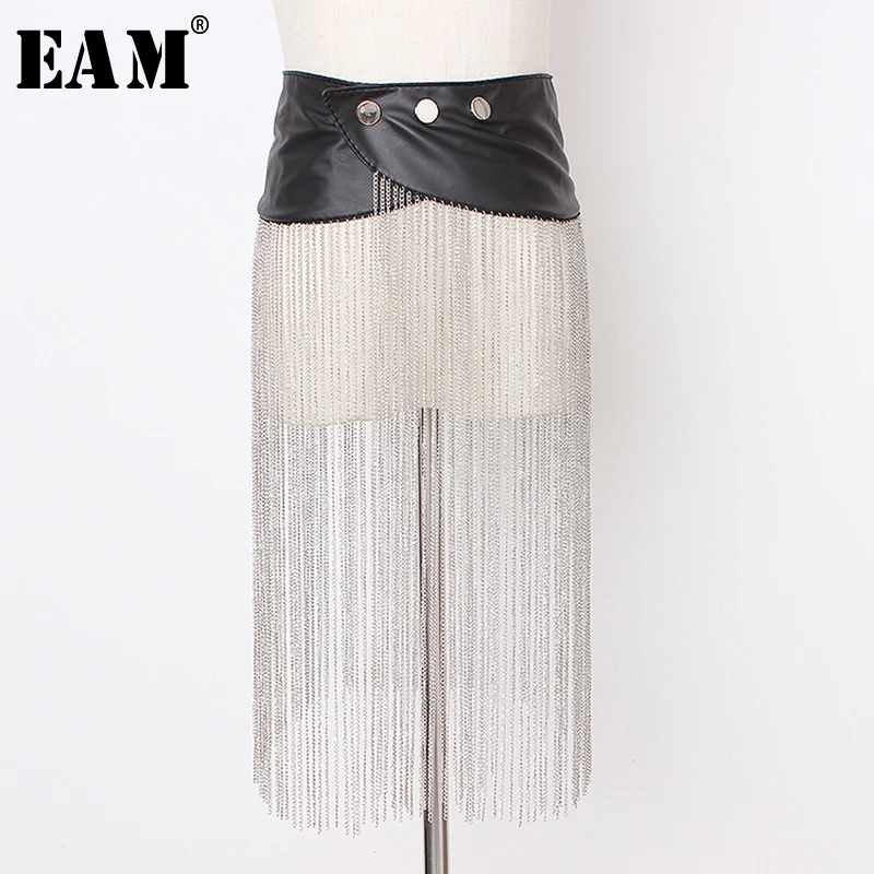 

[EAM] Pu Leather Long Metal Chain Tassel Wide Belt Personality Women New Fashion Tide All-match Autumn Winter 2019 1A134