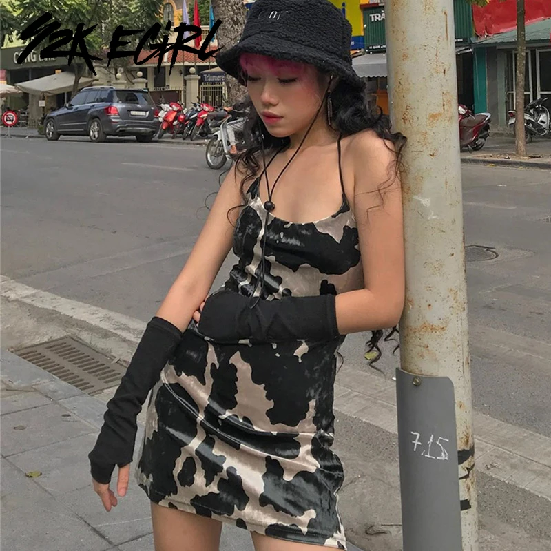 

Y2K EGIRL Aesthetics Spaghetti Strap Cow Partten A-line Velvet Dress Punk Style Backless Bodycon Party Cami Dress Vintage Club