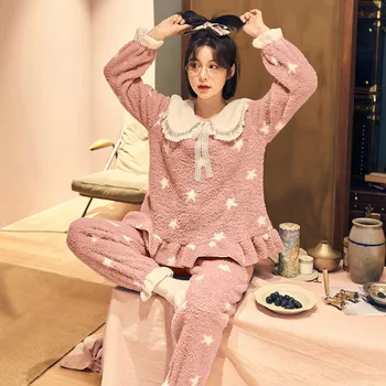 

Winter Flannel Pajama Set Womens Cute Star Fleece Pajamas Sleepwear Thick Warm Coral Velvet Female Nightgown Suit Lounge Wear