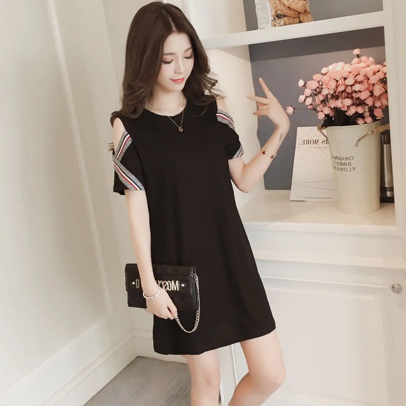 

Fat Mm New Style Korean-style Black And White with Pattern off-Shoulder Short-sleeve Dress WOMEN'S Dress Loose-Fit Mid-length T-