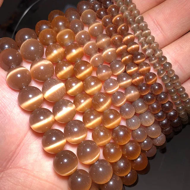 JHNBY Mixed Colors Cat's Eye opal Natural Stone 4/6/8/10/12MM Spacer glass Loose beads for Jewelry making DIY bracelets Findings Cafe Brown