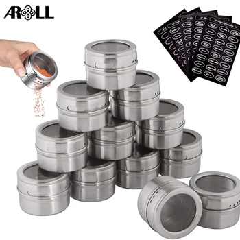 

Stainless Steel Magnetic Spice Jars Tins Container Set with Clear Lid Labels Magnetic Spice Tins Jars Seasoning Pepper Organizer