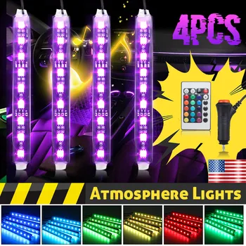 

4pcs/set LED RGB Car Interior Atmosphere Strip Light Dash Floor Foot RGB Strip Decorative Light Multiple lighting+RF Controler