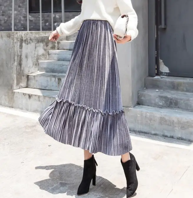 Винтажная бархатная юбка женская мода осень зима Корейская трапециевидная высокая талия миди Длинная женская плиссированная юбка - Цвет: Gray