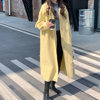 

New Fashion Women Woolen Trench Coat Chic Single Breasted Long Overcoat Elegant Belted Solid Color Outerwear Casaco Feminino