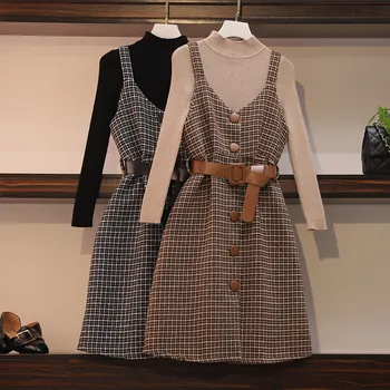 

Autumn Winter Two Piece Set Woman Long Sleeves Knitted T-shirt + Woolen Plaid Dress Matching Set Outfits Plus Size M-4XL A157
