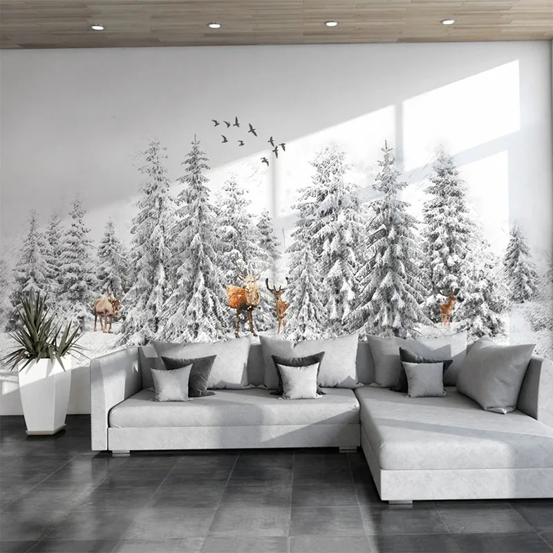 Custom Any Size Mural Wallpaper Nordic Modern Minimalist Black And White Elk Forest Background Wall Paper Mural Papel De Parede