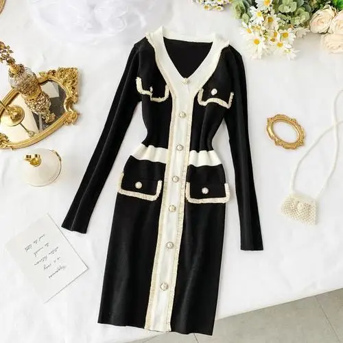 Черный new fashion women's Dress French temperament V-neck waist slim knit dresses - Цвет: Черный
