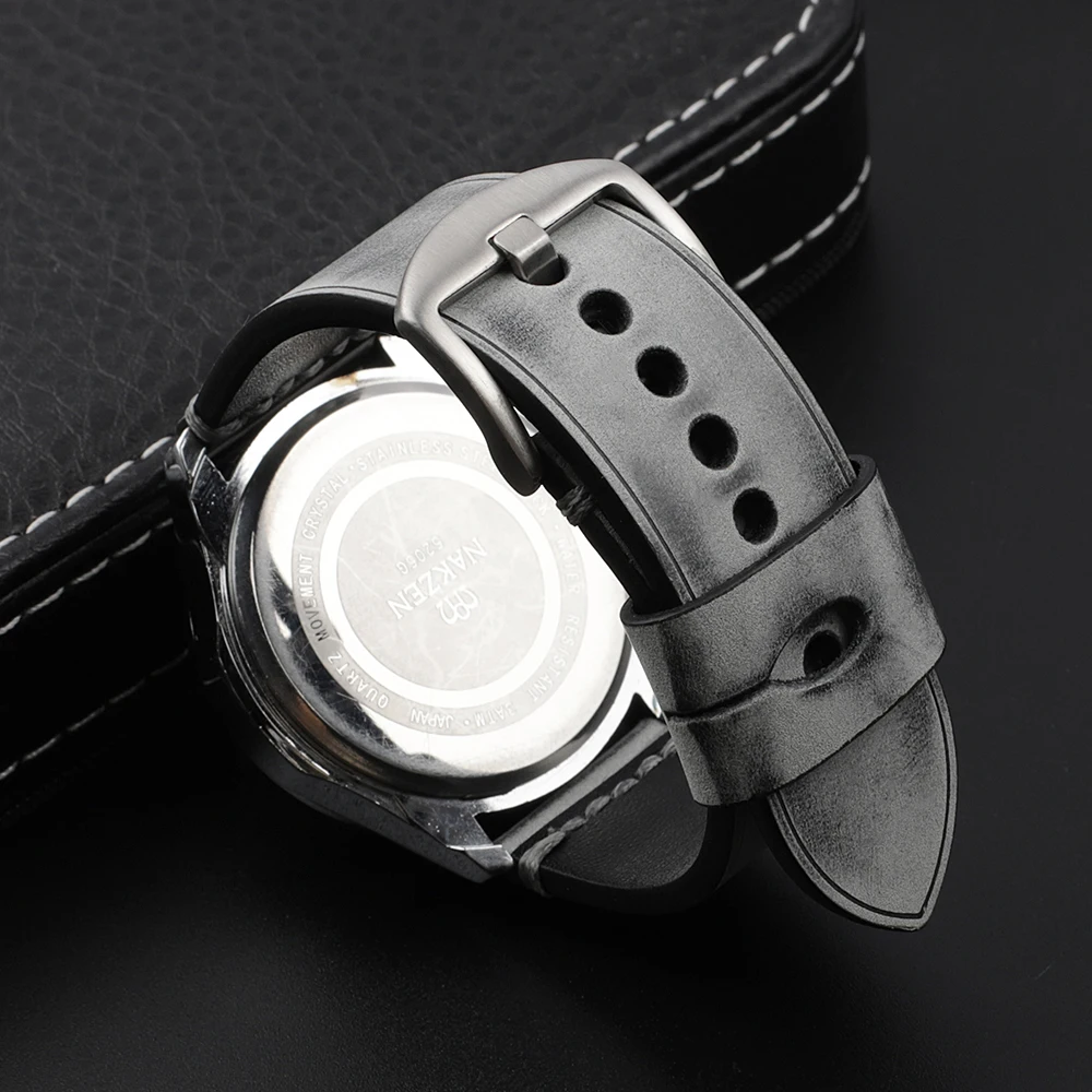 22mm Vintage Matte Polished Leather Watch Strap Handmade Stitching Grey Special Brushed Watchband for Replacement Belt