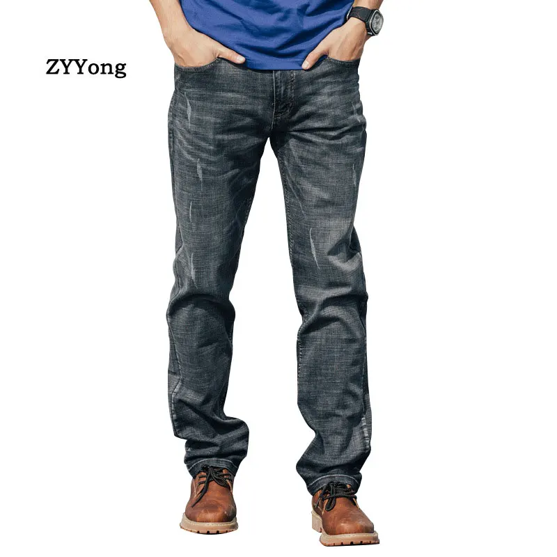 

Spring and Autumn Men Straight Breathable Large Size Baggy Jeans Gray Leisure elastic Denim Pants Male Hiphop Skateboarder Jeans
