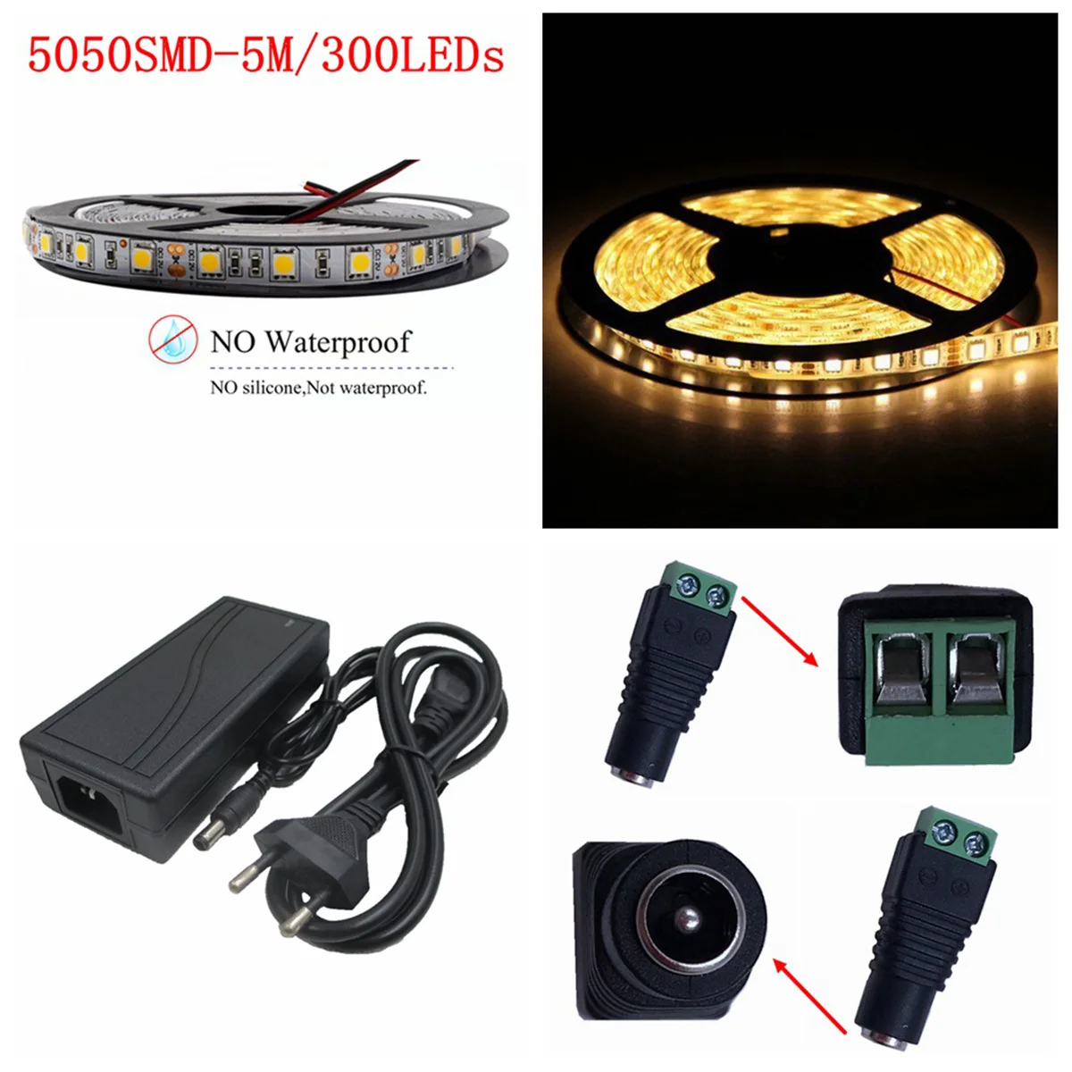DC 12V LED Strip Light 5050SMD 70W 5M 300LED Tape Kit - Warm White + Adapter EU Plug Power | Лампы и освещение