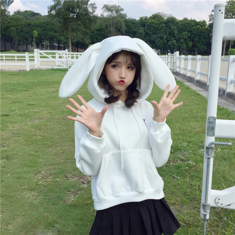 Толстовки с заячьими ушками Sudadera Kawaii Толстовка Женская Белая теплая розовая толстовка с передним пуловеры с карманом Японская уличная