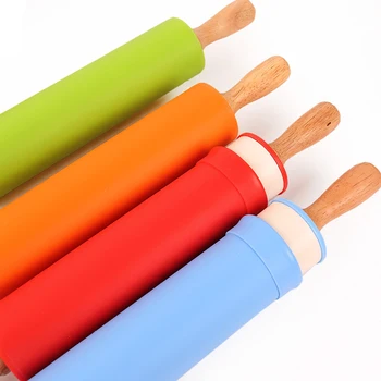 

Silicone Rolling Pins Wooden Handle Roller Biscuit Baking Tools Can Rotate Non-Stick Flour Noodle Sticks Home Kitchen Supplies