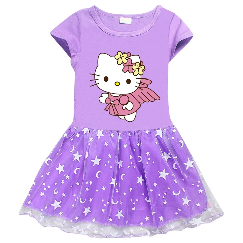thumbnail image 1 of Hello Kitty nuevo vestido de estilo europeo y americano para niñas falda de princesa de manga corta de hilo de red de estrella y Luna de algodón para niños, 1 of 5