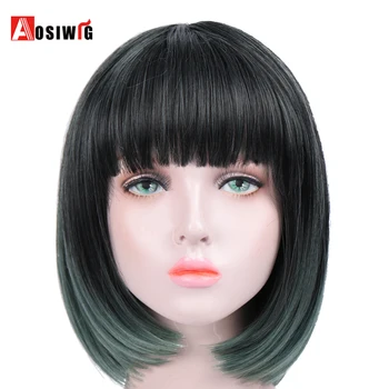 

AOSIWIG Ombre Green Short Straight Bob Hair Wigs with Bangs High Temperature Synthetic Wig Cosplay Hairstyle for Women