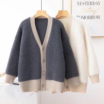 

Long Sleeve Patchwork Women's Sweater Coat 2019 Single-breasted V-Neck Autumn Winter Clothes Loose Casual Female Knit Cardigan