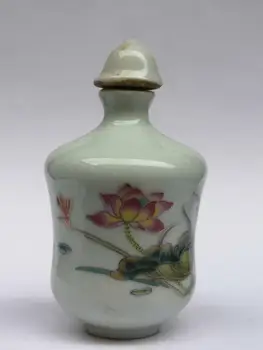 

YIZHU CULTUER ART Collection Old Chinese Famille rose Porcelain Painting Lotus Flower Snuff Bottle Decoration Gift