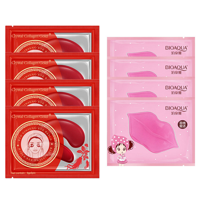 Eye Mask Combination 4pcs Moisturing Nourishing Lips Mask 4Pairs Collagen Anti-Aging Wrinkle Dark Circles Eye Patch Skincare