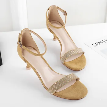 

Beige Heeled Sandals Velvet Shoes Summer Heels Buckle Strap Black Women's Female High 2019 Rhinestone Fashion Comfort Block