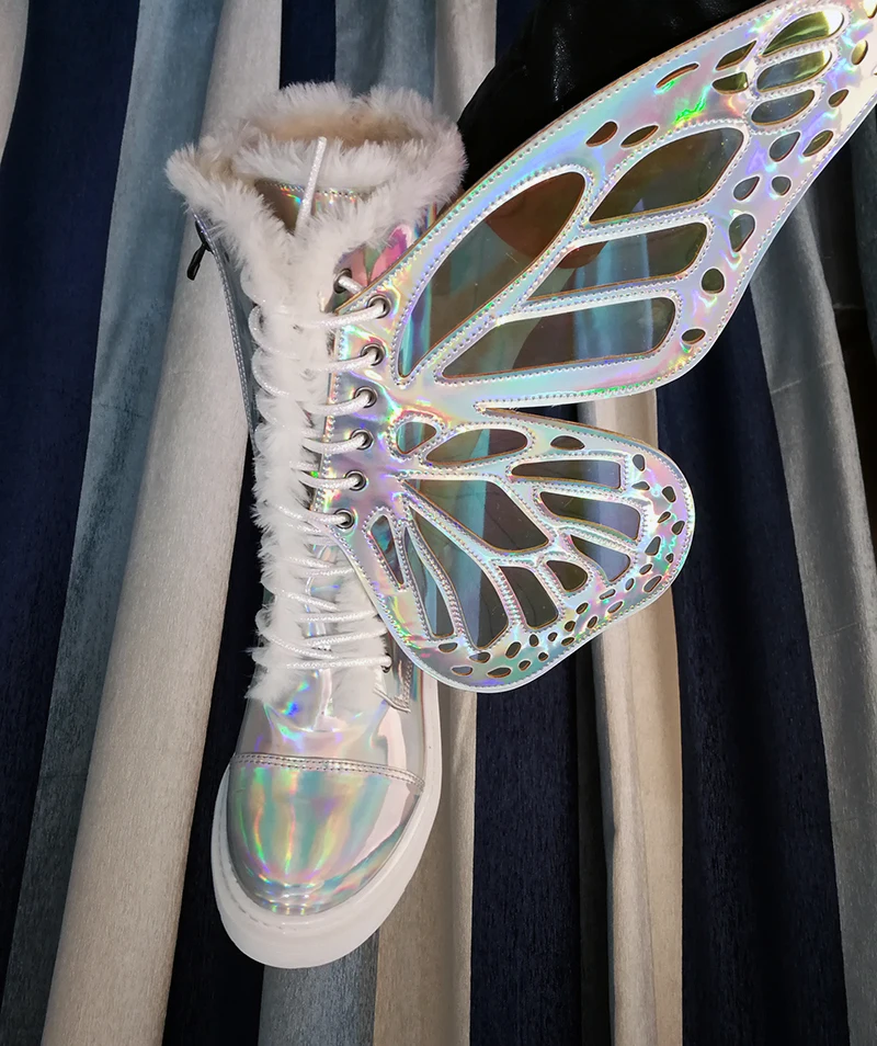 Женские ботильоны на шнуровке с пайетками радужных цветов и большими крыльями бабочки Роскошная обувь в стиле панк 4 вида цветов с блестками A1688