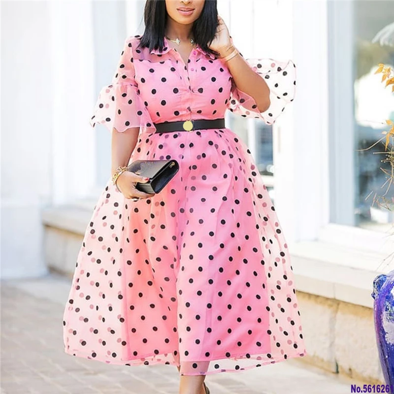 pink and black polka dot dress