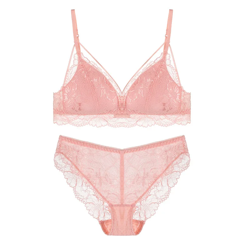 

2020 Autumn and Winter French Underwear Women's Thin Lace Embroidered Comfortable No Steel Ring Sexy Plus Size Pink Bra Set