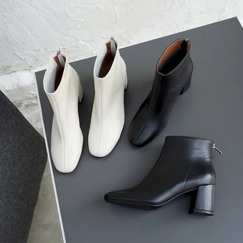 

Genuine Leather Women Autumn Winter Short Boots Women square Toe Party Basic Shoes Woman Chelsea Ankle Boots