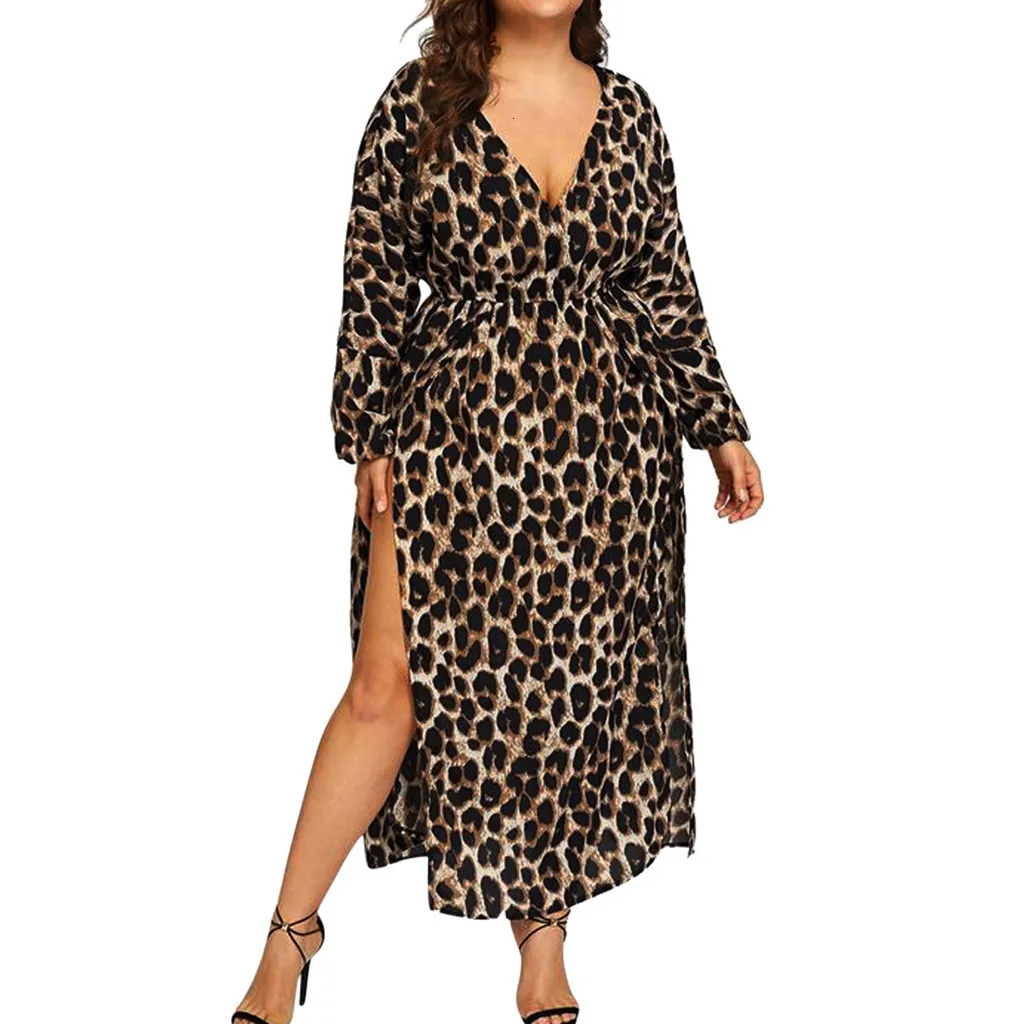 Mode Luipaard Print V-hals Lange Mouwen Split Jurk Vrouwen Herfst Winter Elegante Sexy Vestidos Plus Size 2019 z0805 | Женская одежда
